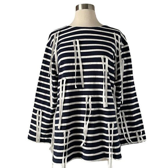 Goen.J Ribbon Stripe Top Small Navy White Oversized Cotton Blouse - Picture 8 of 8
